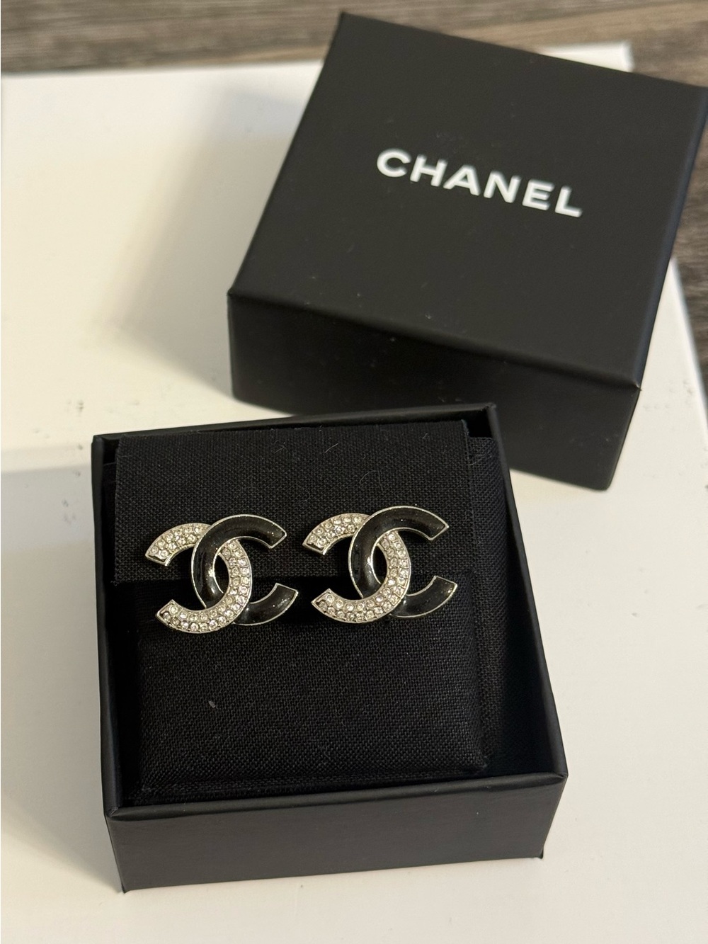CHANEL Silver Crystal Black Enamel CC Clip On Stud Earrings